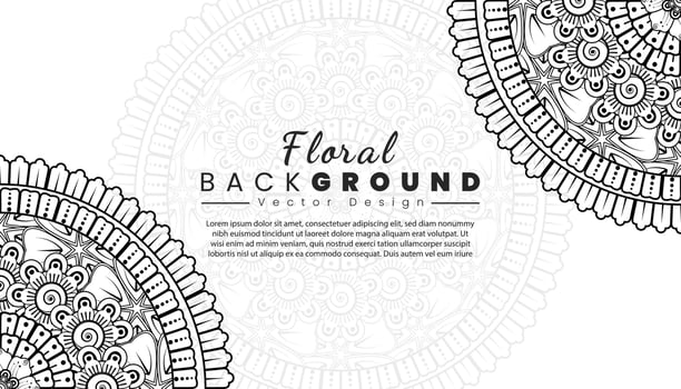 Background with mehndi flowers. Black lines on white background. Banner or card template vector