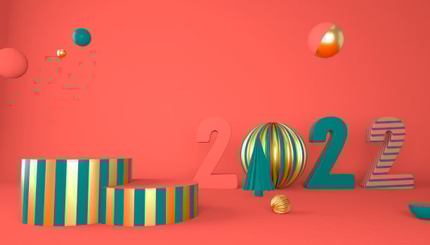 Happy New Year 2022. 3D numbers with geometric shapes and christmas ball. 3d render photo