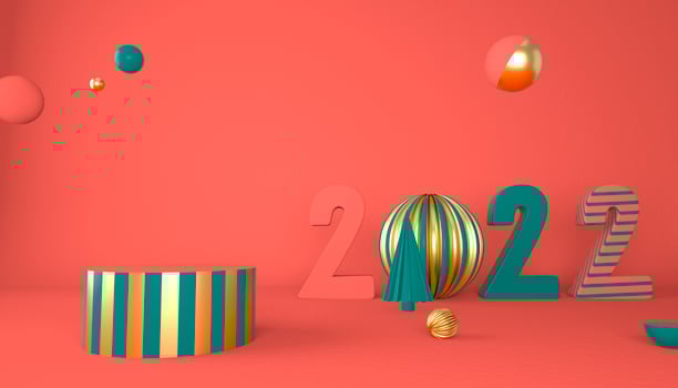 Happy New Year 2022. 3D numbers with geometric shapes and christmas ball. 3d render photo
