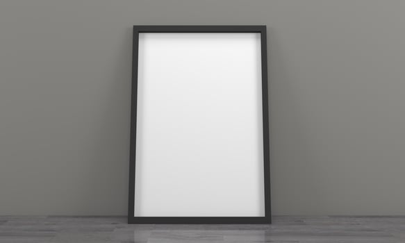 Vertical black empty frame mockup on wooden floor photo