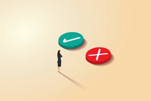 Businesswoman decides between right or wrong. vector