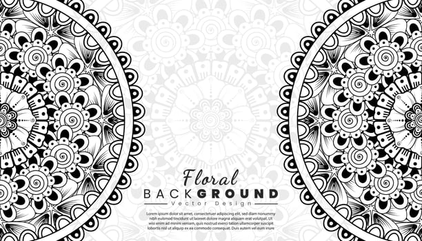 Background with mehndi flowers. Black lines on white background. Banner or card template vector