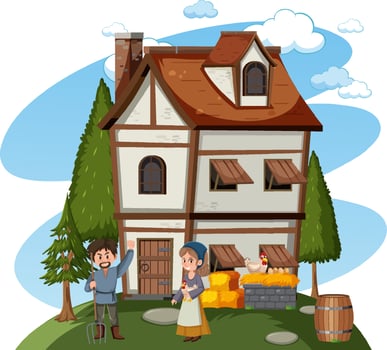 Medieval house with villagers vector
