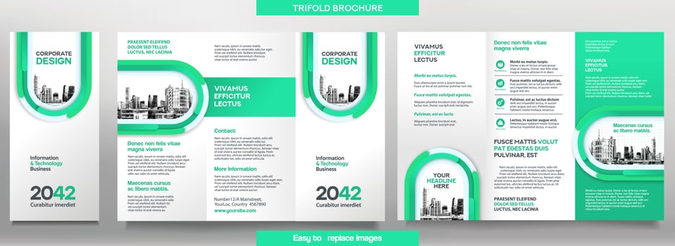 Business Brochure Template in Tri Fold Layout. Corporate Design Leaflet with replacable image. vector