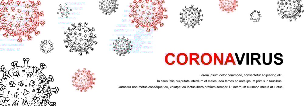 Horizontal coronavirus banner with hand drawn design elements. Microscope virus close up. Vector illustration in sketch style. COVID-2019