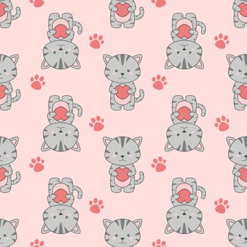 Cute Cartoon Cat And Heart Seamless Pattern vector
