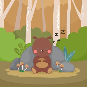 Cute Cartoon Bear Sleeping In The Forest vector