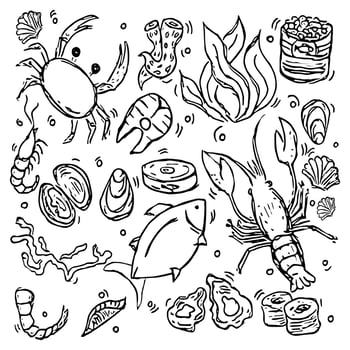 Sea food vector. Doodle vector with sea food icons on white background.