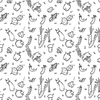 Seamless vegetables pattern.Doodle vector with vegetables food icons on white background.Vintage vegetarian food icons,sweet elements background for menu, cafe shop.