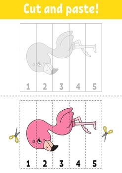 Learning numbers. Cut and play. Education developing worksheet. Game for kids. Activity page. Puzzle for children. Riddle for preschool. Flat isolated vector illustration. Cute cartoon style.
