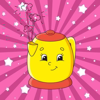 Yellow teapot. Cute character. Colorful vector illustration. Cartoon style. Isolated on color background. Design element. Template for your design, books, stickers, cards, posters, clothes.