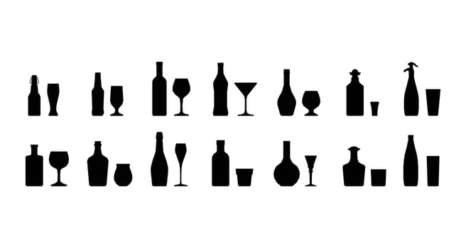 Vector silhouettes alcohol bottles with matching drinking glasses