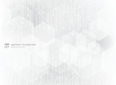 Abstract technology circuit board on gray geometric hexagon overlay pattern background. vector