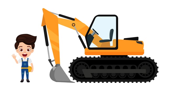 Cute beautiful kid boy construction worker character standing beside excavator isolated vector
