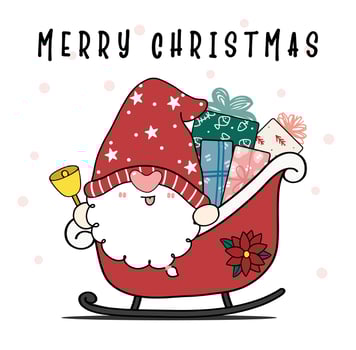 Cute Santa Gnome with plie of present gift boxes in red sled, Merry Christmas, Cartoon hand drawn doodle flat vctor outline vector