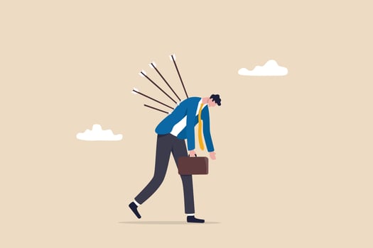 Victim from business betrayal, pain from failure or stressed, anxiety and violence by social bullying, overworked problem concept, depressed exhausted businessman walking with painful bows on his back vector