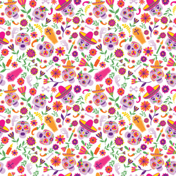 Dia de los muertos seamless vector pattern. The main symbols of the holiday on the dark background. Day of the dead.