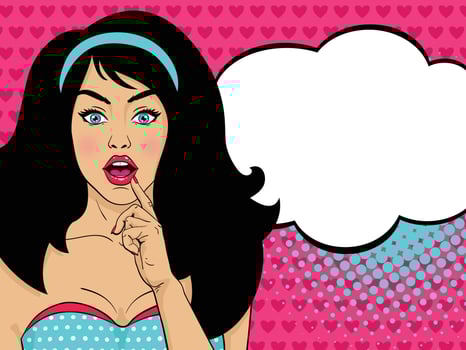 Sexy pop art woman with open mouth and megaphone speaking. Vector background in comic retro pop art style.