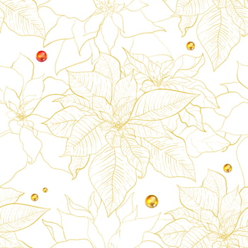 Christmas Poinsettia seamless pattern for celebration decorations. Poinsettia leaves with golden line on a white background. Design for Christmas packaging and wrapping paper or textiles vector