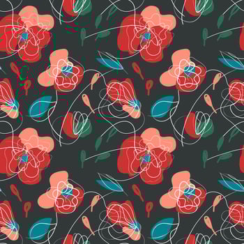 Red poppy in a countryside vintage style. Summer meadow sunset texture. Vector drawing. Vector design Millefleur pattern. Seasonal floral vector illustration. Dark background.