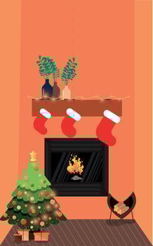 New Year's Eve interior. Decorated Christmas tree near the fireplace. Vector illustration