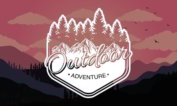 outdoor adventure lettering emblem with pines in landscape vector
