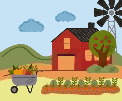 stable farm building with vegetables in wheelbarrow vector