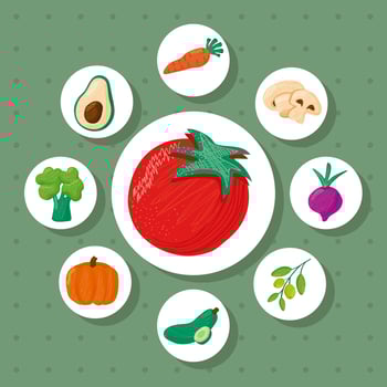 tomato and bundle of eight vegetables healthy food icons vector