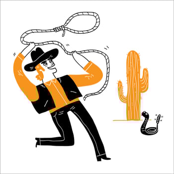 A young cowboy is using a lasso in the wilderness. vector