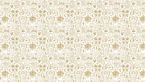Happy Easter holiday doodle line art Golden design Rabbit bunny christian cross cake chicken egg hen flower carrot Pattern texture background vector