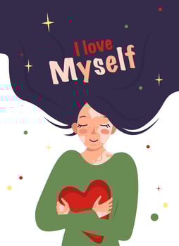 Beautiful girl with long hair and with vitiligo hugs heart. Inscription I love myself. Vector illustration of skin diseases and taking care of your body