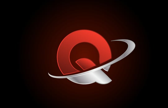 Q red metal alphabet letter logo icon for company with grey swoosh design vector