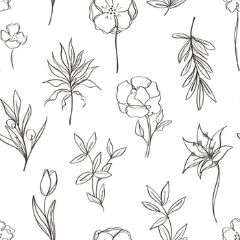 Aesthetic Contemporary printable seamless pattern with abstract Minimal elegant line flower and leaf in black and white colors vector