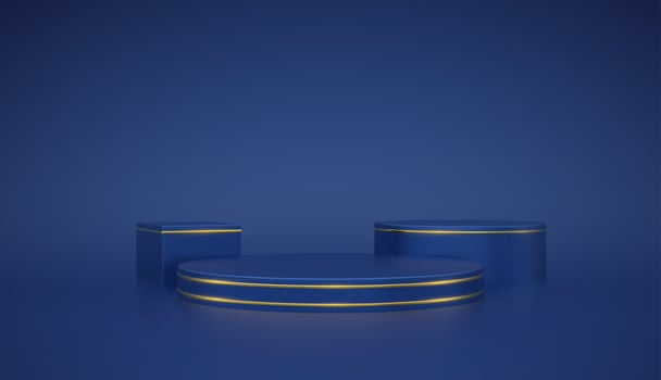 Blue round and cube podium. Scene and 3D platform with gold circle on blue background. Blank Pedestal minimal concept. Advertising, award and win design. Show and sale template. Realistic vector. vector