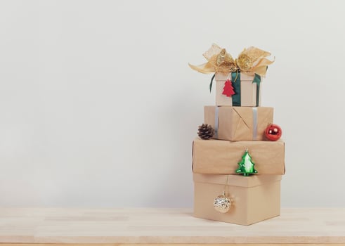 Christmas holiday present on wood table with copy space design. photo