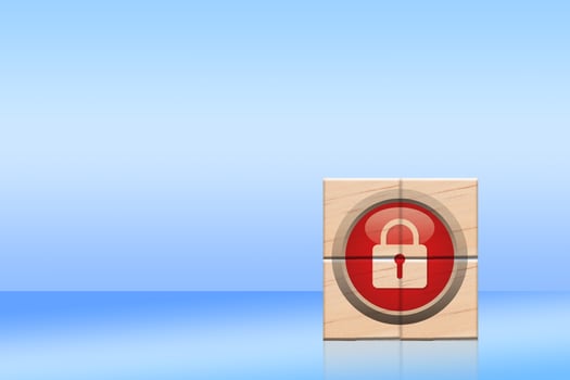 Blocks made of wood with padlock symbols, Data protection and cyber security. With a virtual network connection, a businessman works on a computer padlock, securing commercial and financial data photo