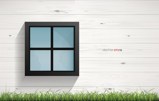 Window on wooden wall texture with horizontal slats wood wall of house. Vector. vector