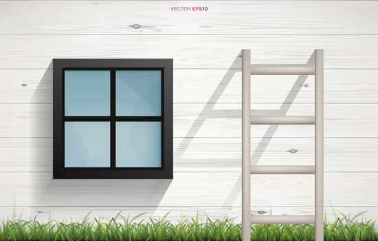 Abstract background of wooden Ladder and square window on wooden wall texture with horizontal slats wood wall of house. Vector. vector