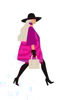 Illustration of a bright girl in a black hat. Vector. Glamorous image of a lady in pink. Flat style. vector