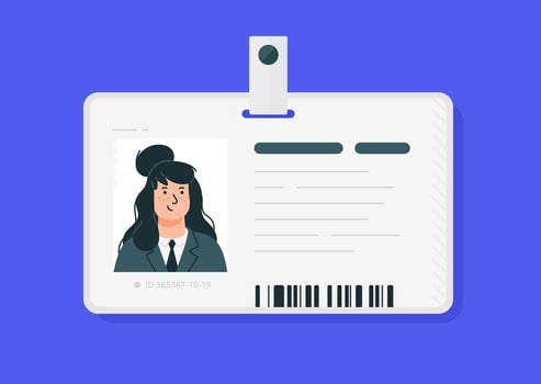 Plastic woman id cards. Vector. Car driver license isolated on a blue background. Flat cartoon style. Student, corporate pass. vector