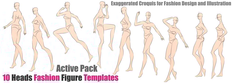 10 Heads Fashion Figure Templates - Active Pack. Exaggerated Croquis for Fashion Design and Illustration vector