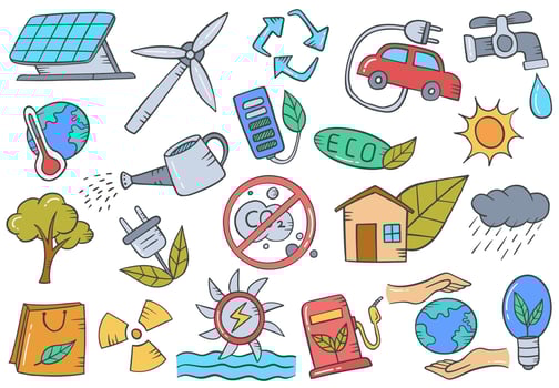green energy ecology doodle hand drawn set collections with flat outline style vector