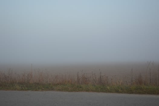 Morning fog and haze in the forest and village photo
