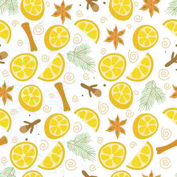 Christmas and New Year seamless pattern with fir branches, cinnamon,oranges, anise stars, and cloves. Christmas decoration. Stock vector illustration on a white background.