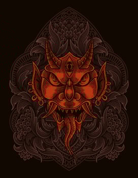 Illustration oni mask with engraving ornament style vector