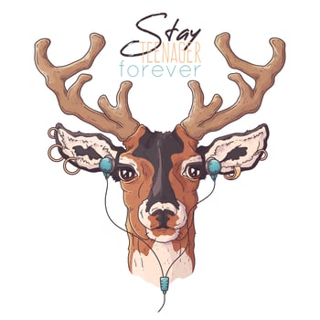 Hand drawn portrait of deer in accessories Vector. vector
