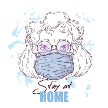 Hand drawn illustration of the cute girl in a medical mask Vector. vector