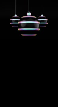 Merry christmas and happy new year holographic ball on black background. 3D rendering of glossy white christmas ball set in holographic neon light hanging isolated photo