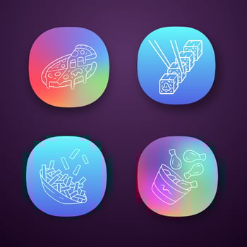 Fast food app icons set. Pizza, french fries, chicken drumsticks, sushi. Italian, american, asian cuisine. Fat dishes. Web or mobile applications. Vector isolated illustrations