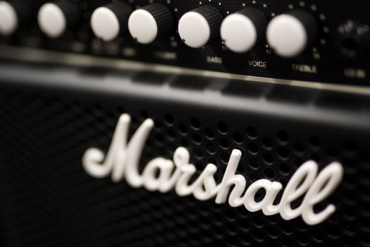 BELGRADE, SERBIA, JULY 23, 2018 - Detail of the Marshall amplifier in Belgrade, Serbia. Marshall Amplification is an English company that designs and manufactures music equipment, founded at 1960. photo